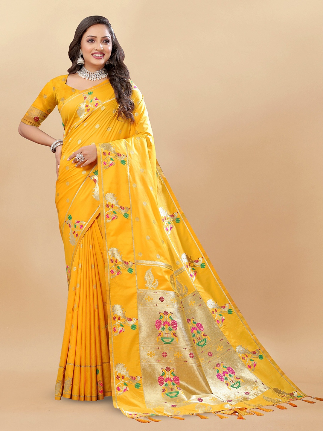 

bansari textiles Ethnic Motifs Woven Design Zari Silk Cotton Banarasi Saree, Mustard