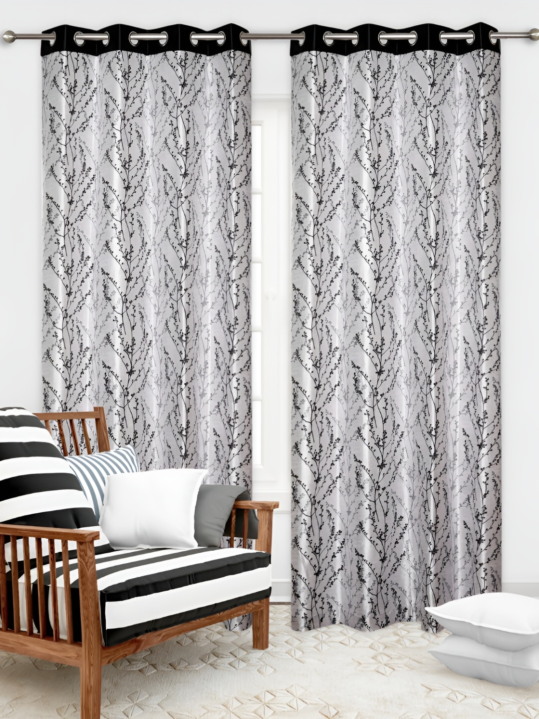 

REYANSH DECOR Grey & Black 2 Pieces Floral Printed Window Curtains
