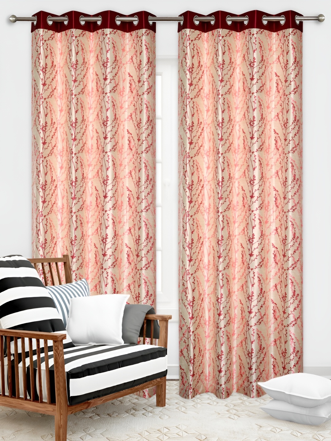 

REYANSH DECOR Maroon & Pink 2 Pieces Floral Printed Window Curtains