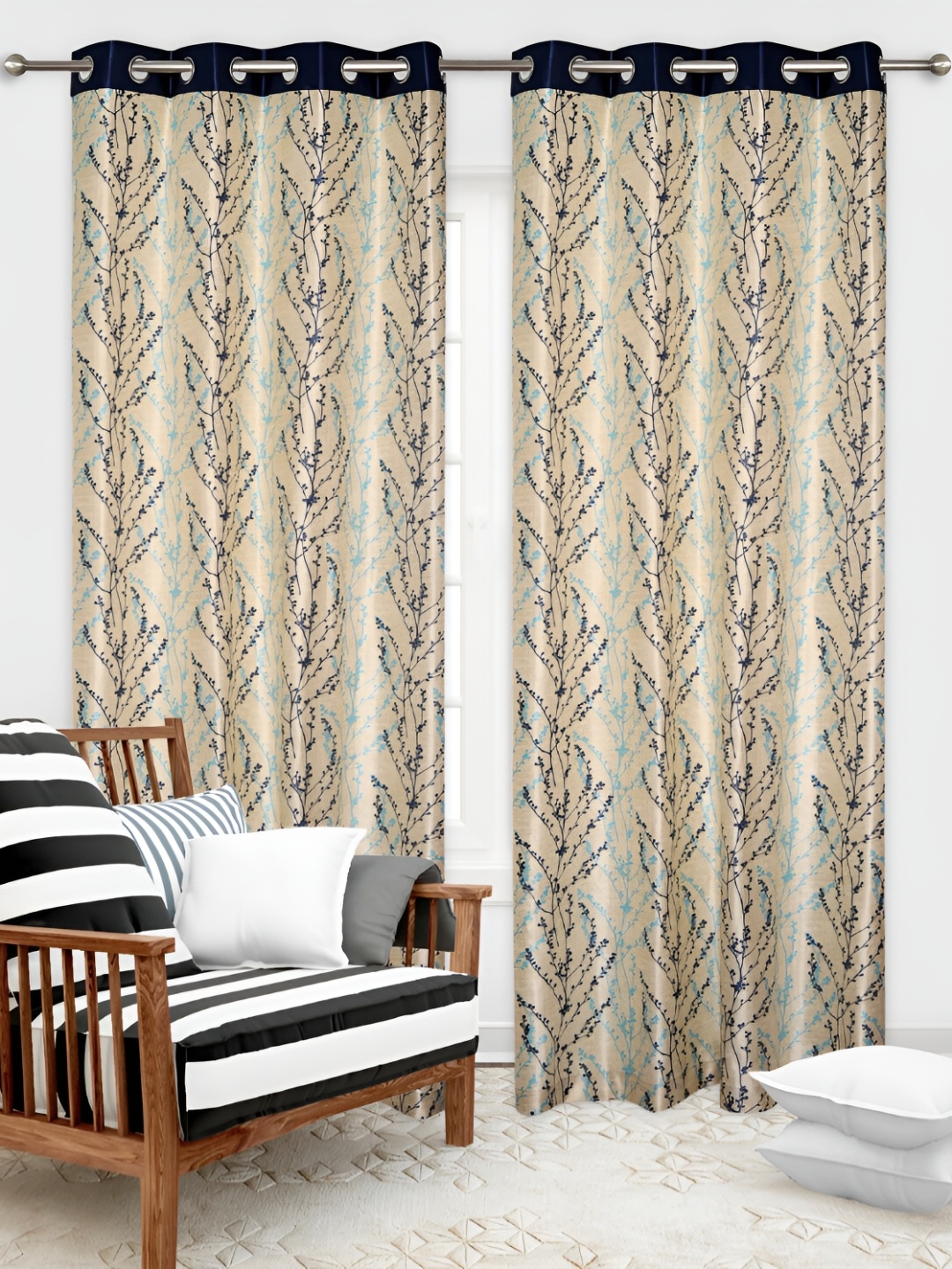 

REYANSH DECOR Blue & Beige 2 Pieces Floral Printed Door Curtains