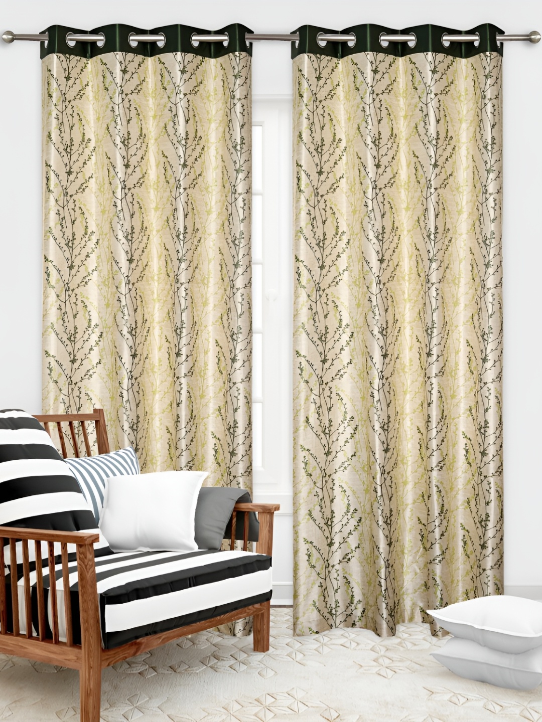 

REYANSH DECOR Green & Beige 2 Pieces Floral Printed Window Curtains
