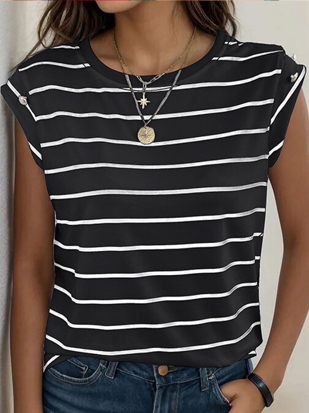 

StyleCast Striped Georgette Regular Top, Black