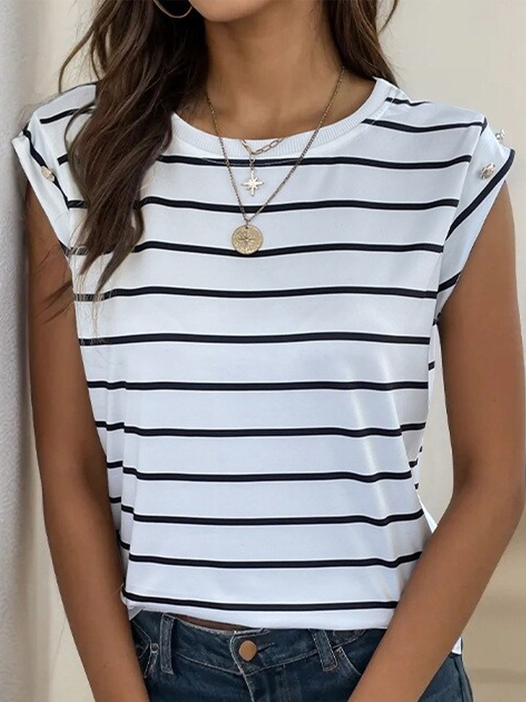 

StyleCast White & Black Striped Round Georgette Top