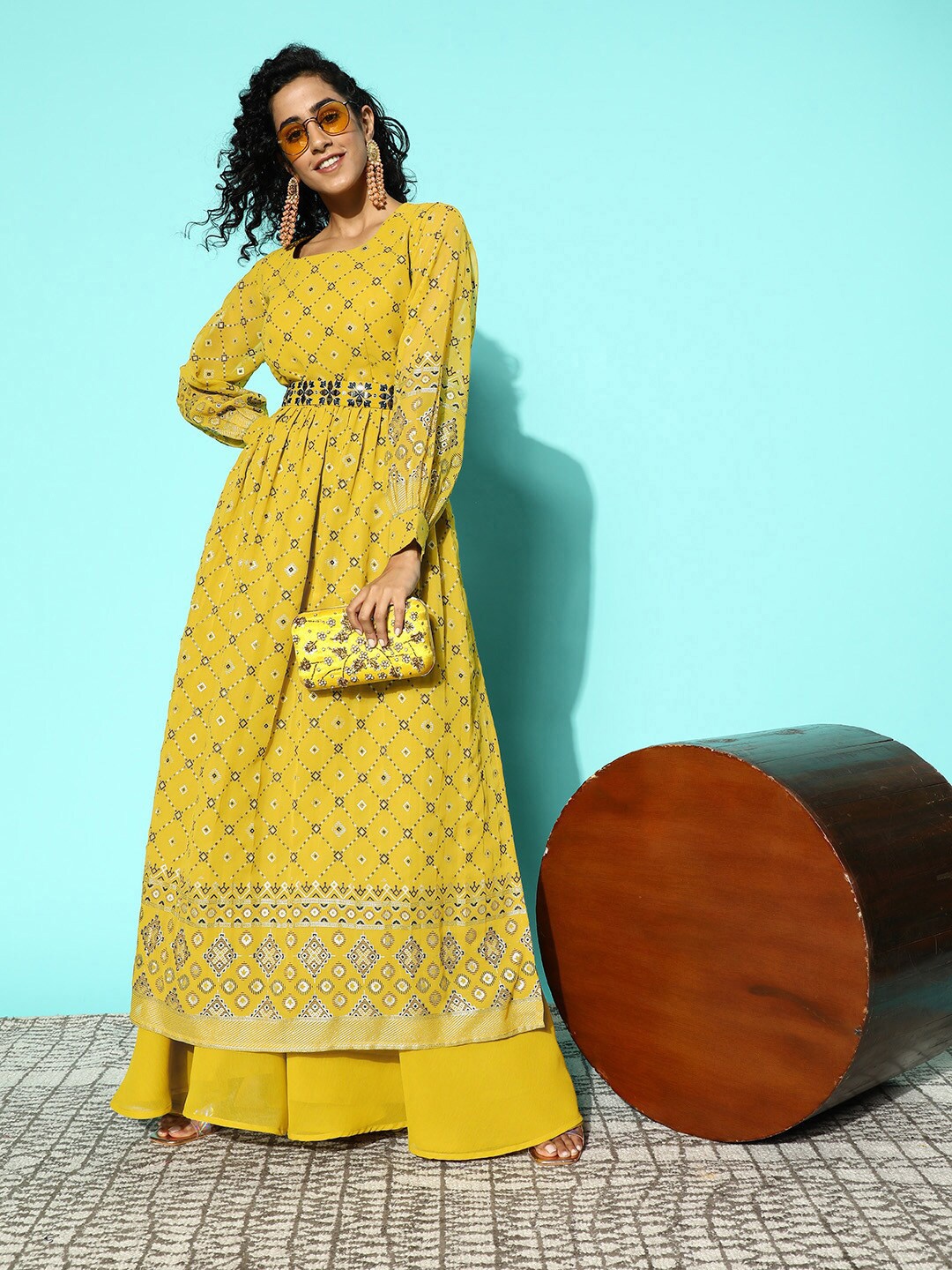 

Sangria Floral Mirror Work Printed Flared Kurta With Palazzos, Lime green