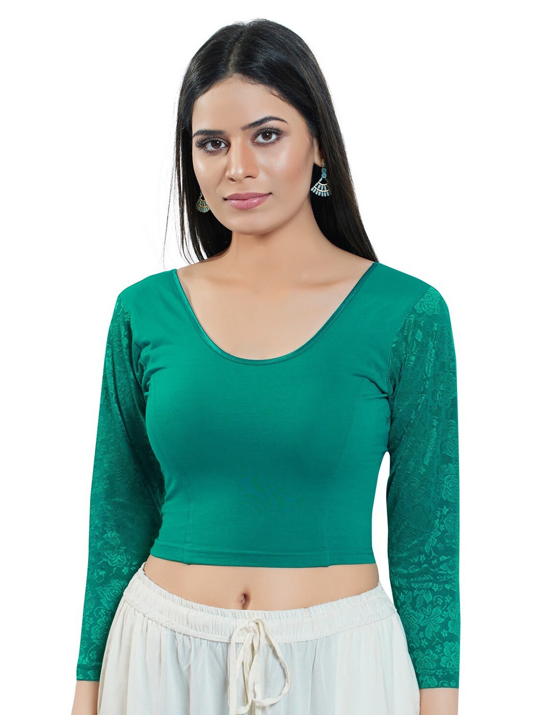 

SALWAR STUDIO Cotton Round-Neck Stretchable Saree Blouse, Green