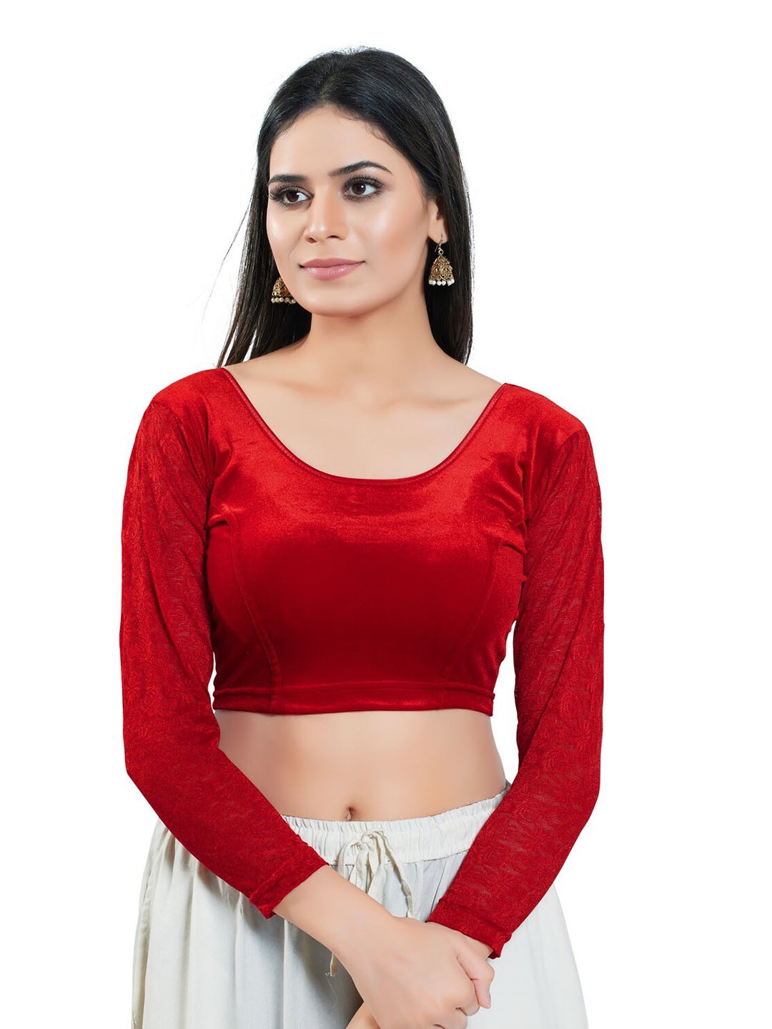 

SALWAR STUDIO Round-Neck Stretchable Velvet Saree Blouse, Red