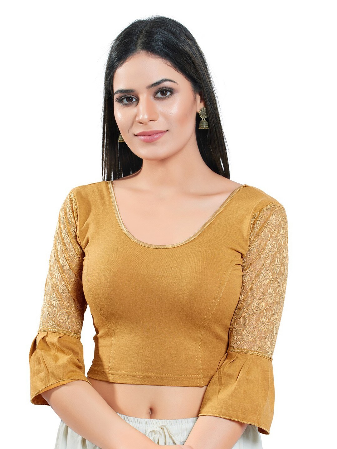

SALWAR STUDIO Bell Sleeves Stretchable Cotton Saree Blouse, Gold