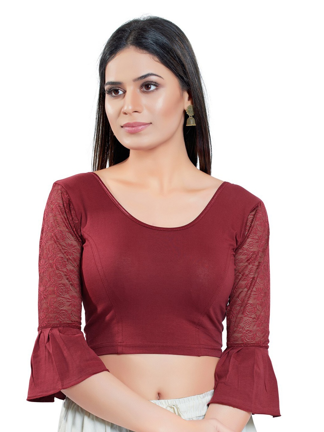 

SALWAR STUDIO Bell Sleeves Cotton Stretchable Saree Blouse, Maroon