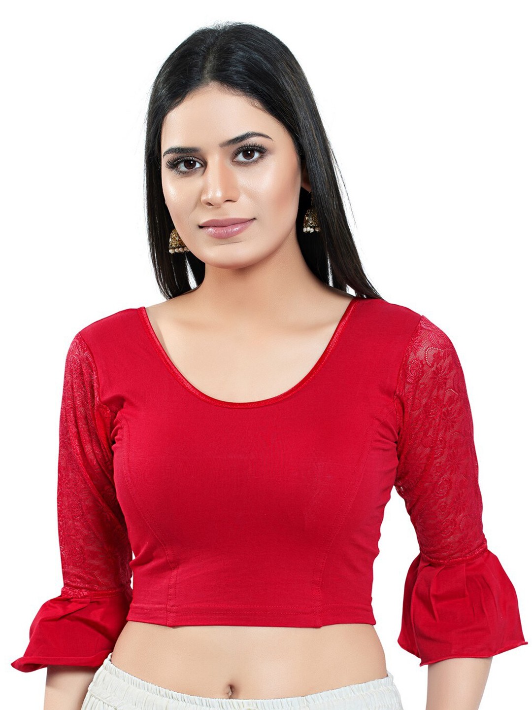 

SALWAR STUDIO Cotton Round-Neck Stretchable Saree Blouse, Red