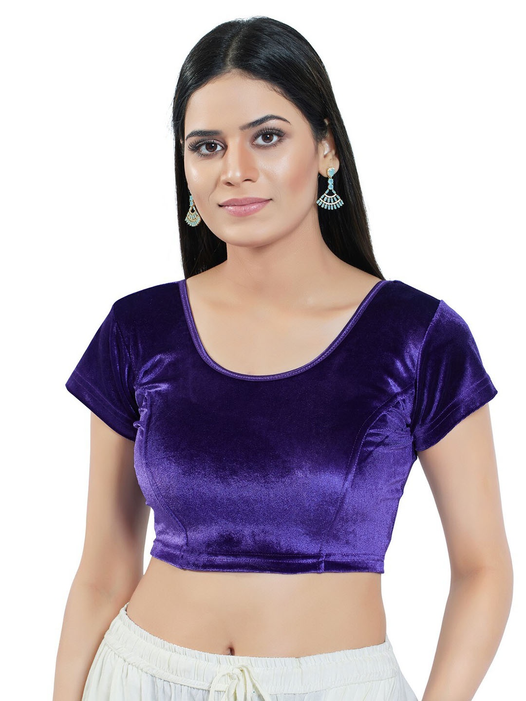 

SALWAR STUDIO Velvet Short Sleeves Stretchable Saree Blouse, Purple