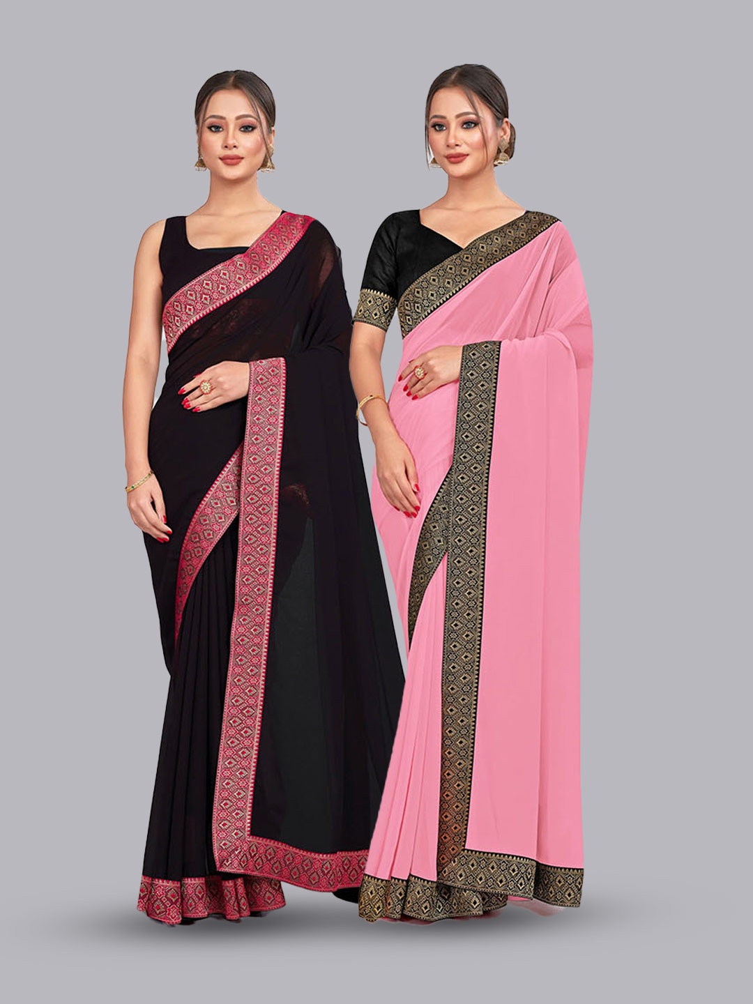 

CastilloFab Selection Of 2 Pure Georgette Zari Saree, Black