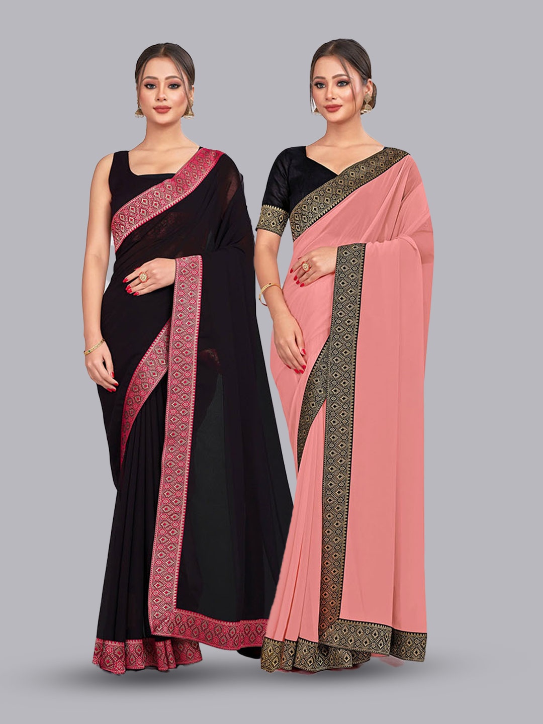 

CastilloFab Selection Of 2 Zari Pure Georgette Saree, Black