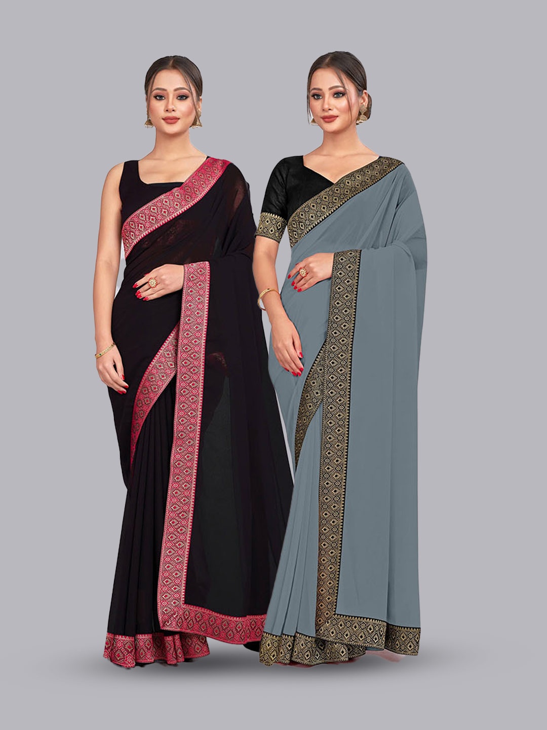 

CastilloFab Set Of 2 Ethnic Motifs Woven Design Zari Pure Georgette Sarees, Black