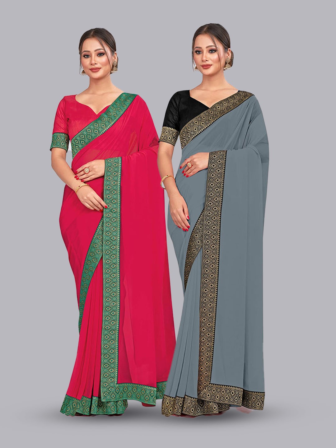 

CastilloFab Selection Of 2 Pure Georgette Zari Saree, Rose