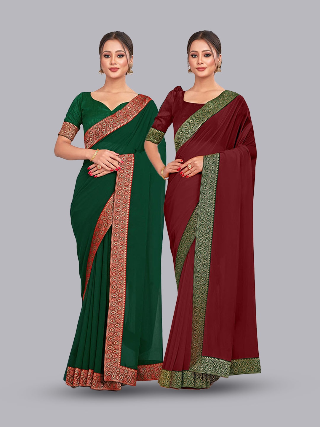

CastilloFab Selection of 2 Zari Pure Georgette Sarees, Green