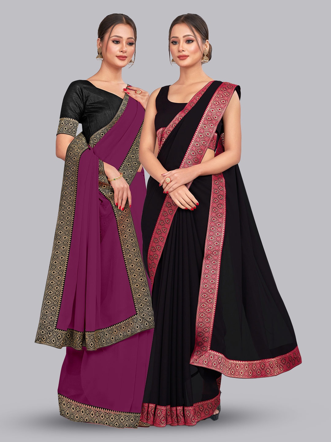 

CastilloFab Selection Of 2 Pure Georgette Zari Saree, Black
