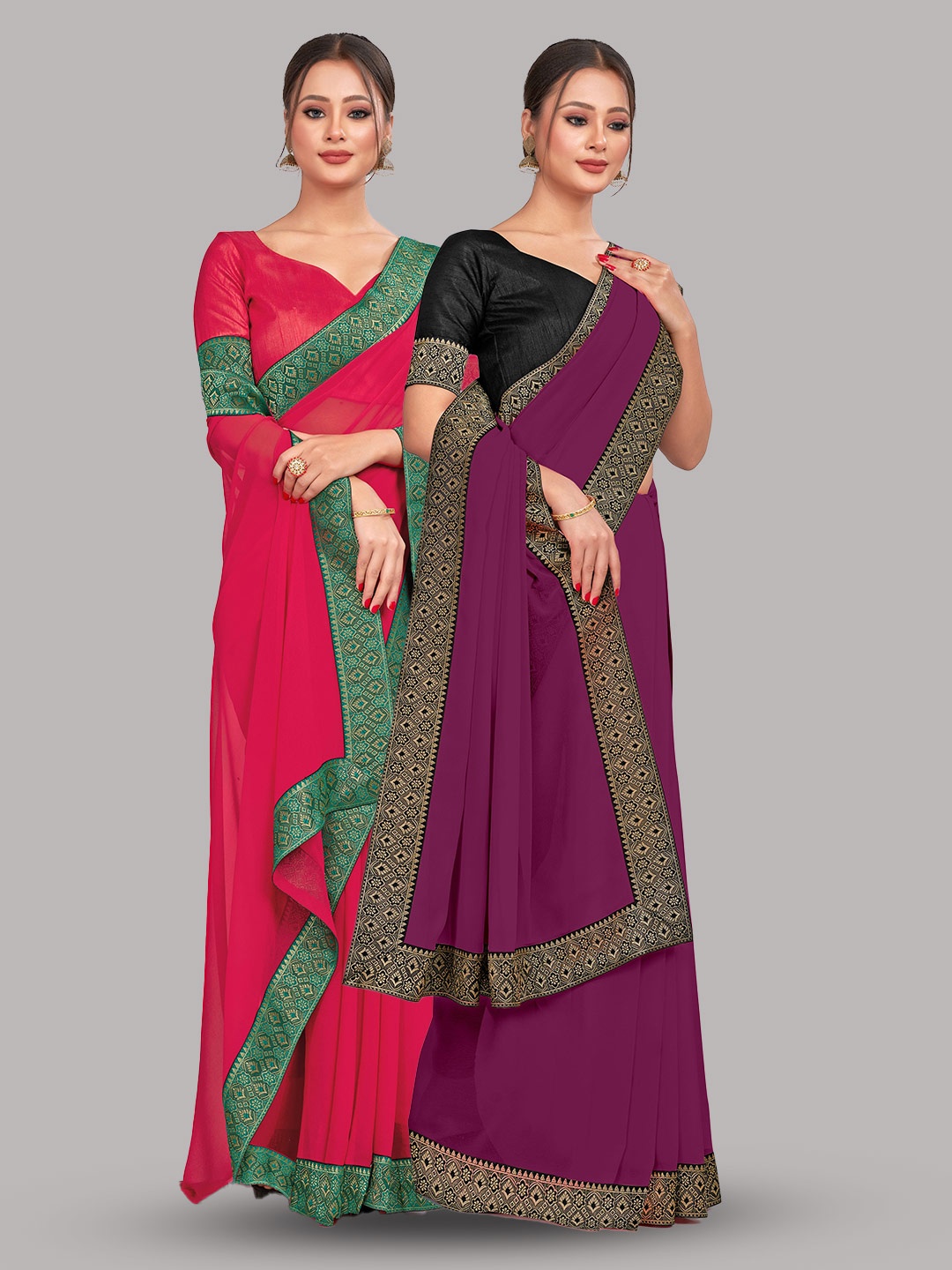 

CastilloFab Selection Of 2 Pure Georgette Zzari Saree, Rose