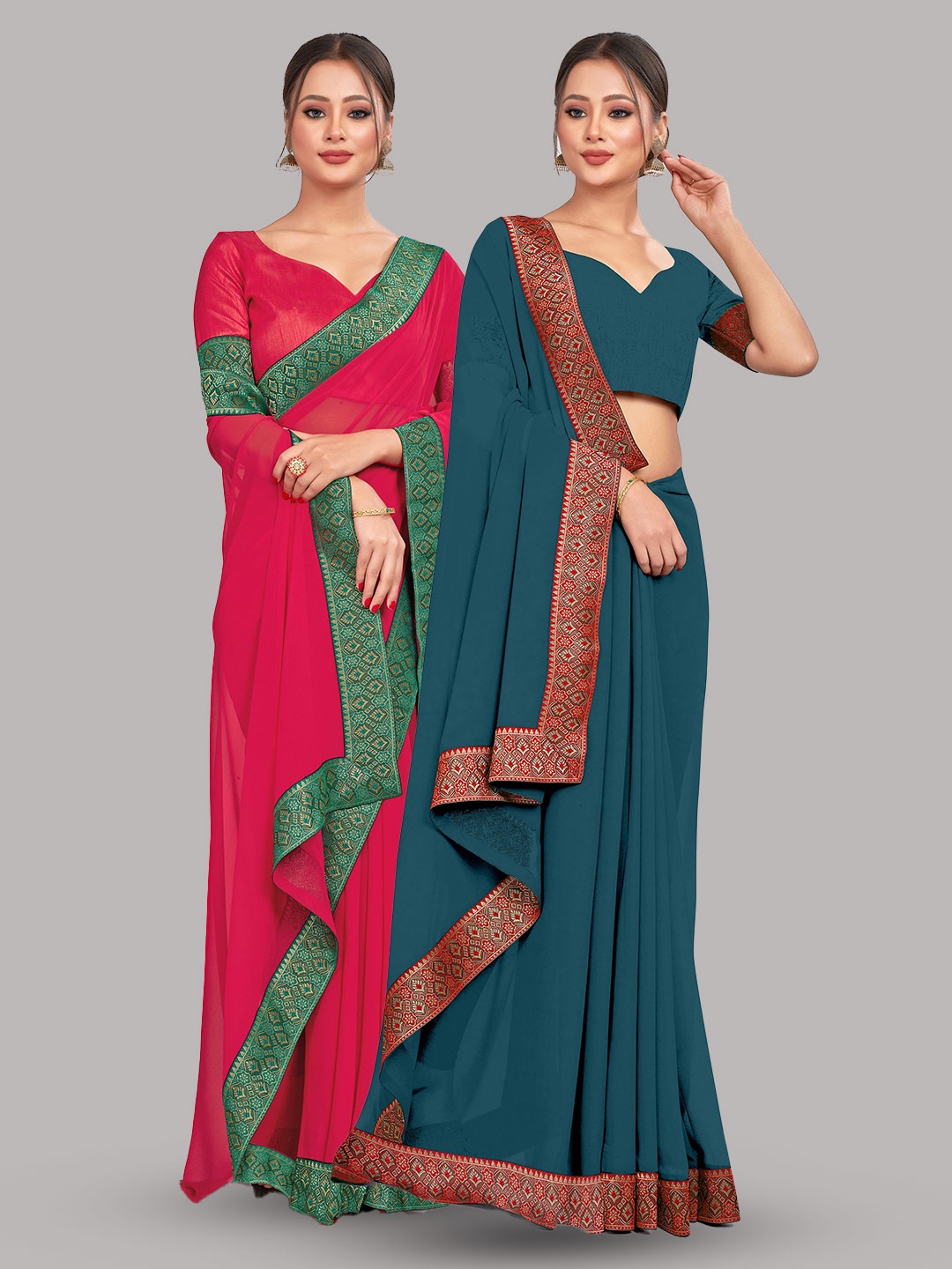

CastilloFab Rose & Teal Pure Georgette Saree