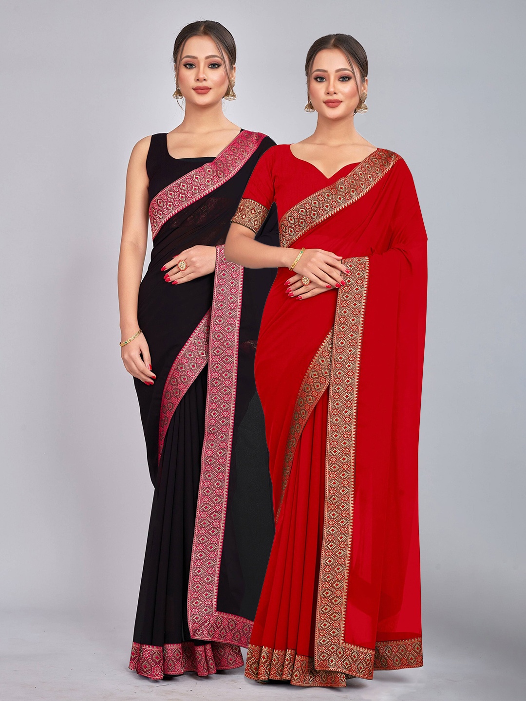 

CastilloFab Pure Georgette Lace Border Zari Saree, Black