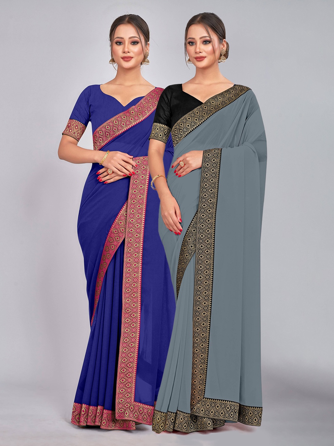 

CastilloFab Pure Georgette Lace Border Zari Saree, Blue