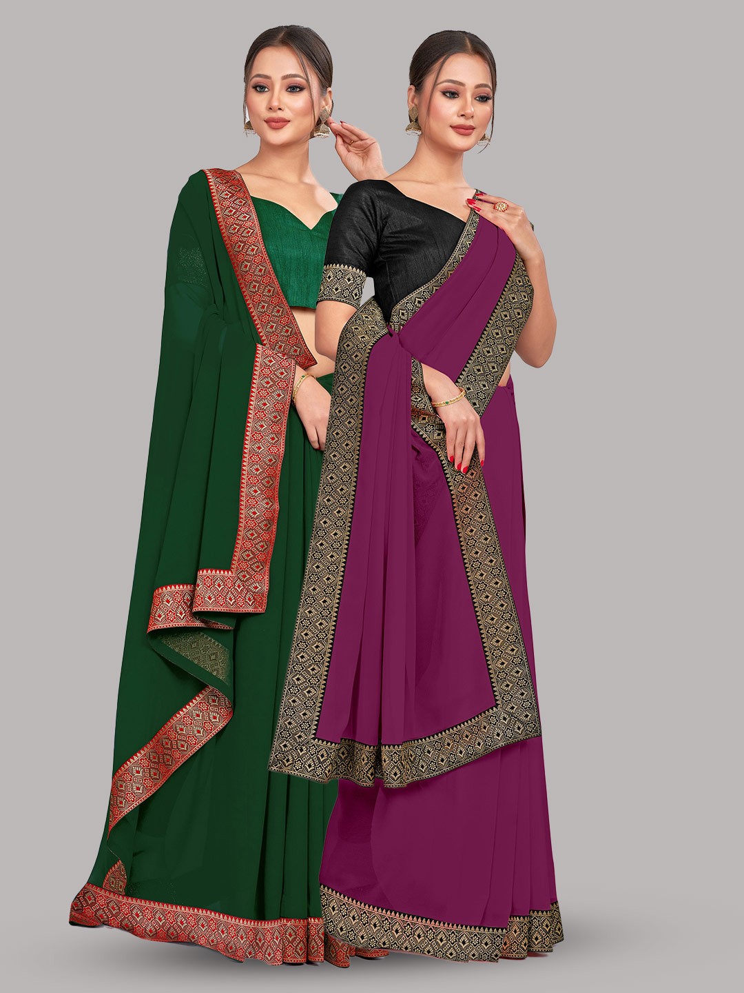 

CastilloFab Selection Of 2 Pure Georgette Zari Saree, Green