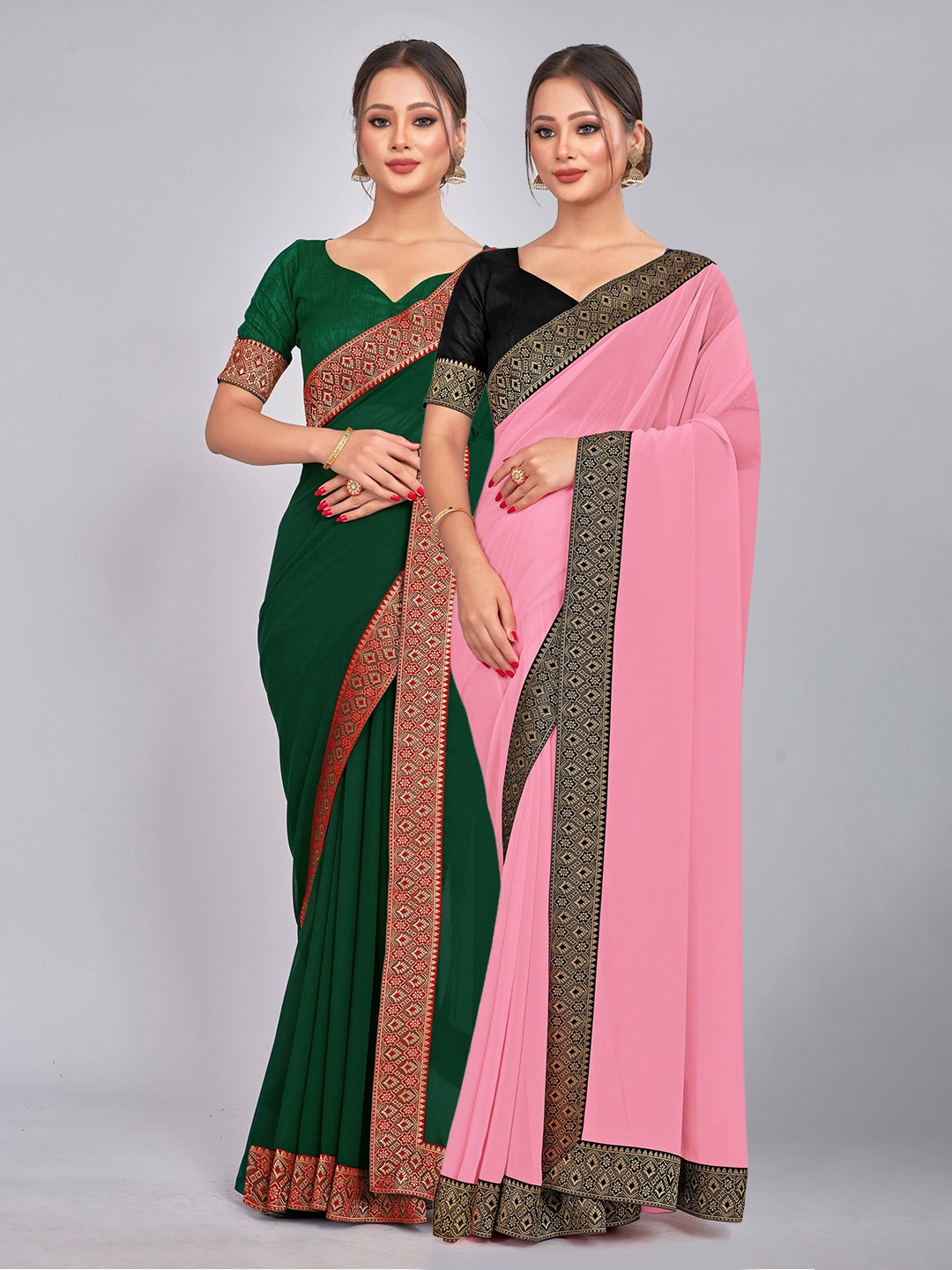 

CastilloFab Selection of 2 Pure Georgette Sarees, Green