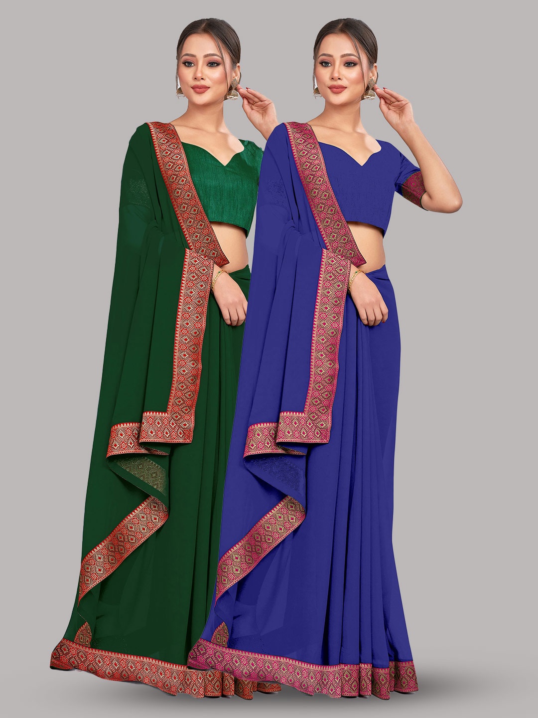 

CastilloFab Selection Of 2 Pure Georgette Zari Saree, Green