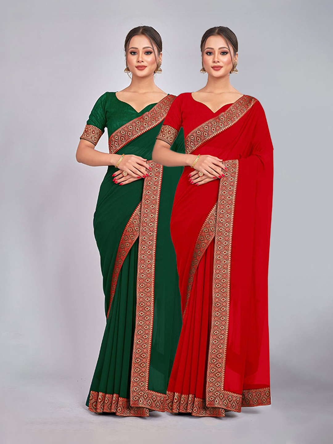 

CastilloFab Selection of 2 Pure Georgette Sarees, Green
