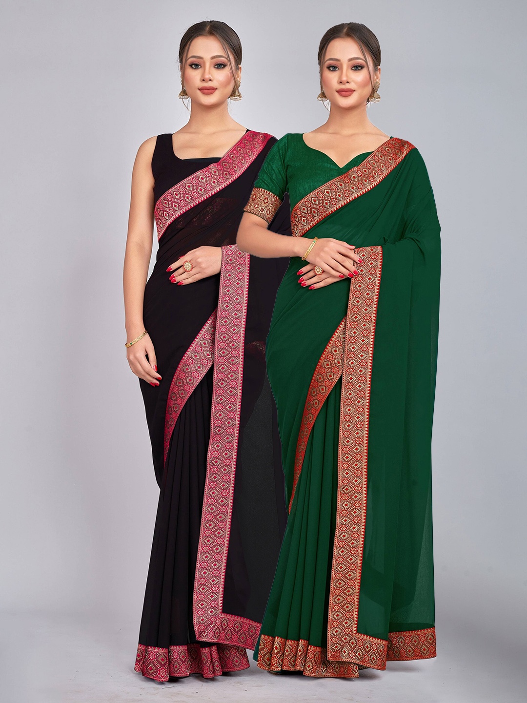

CastilloFab Pure Georgette Lace Border Zari Saree, Green