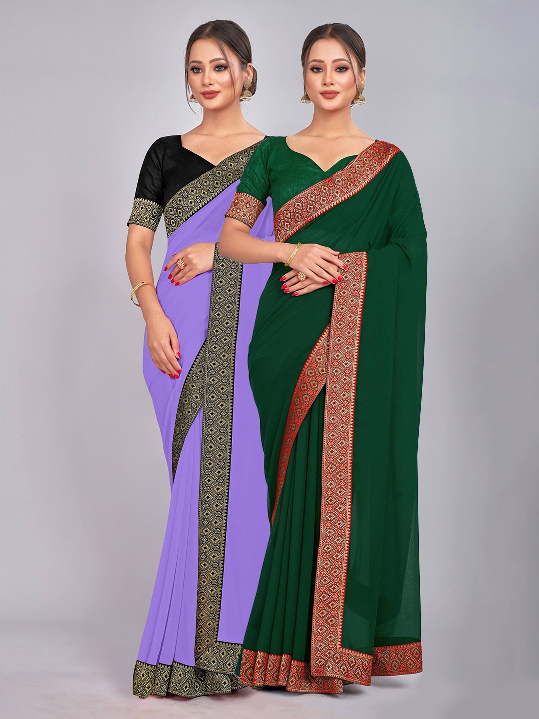 

CastilloFab Selection of 2 Pure Georgette Sarees, Green