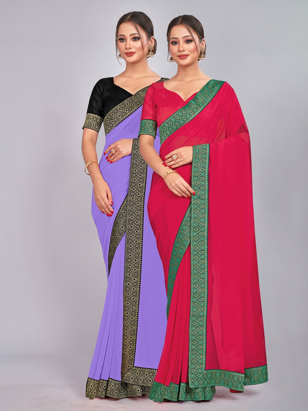 

CastilloFab Selection of 2 Zari Pure Georgette Saree, Rose