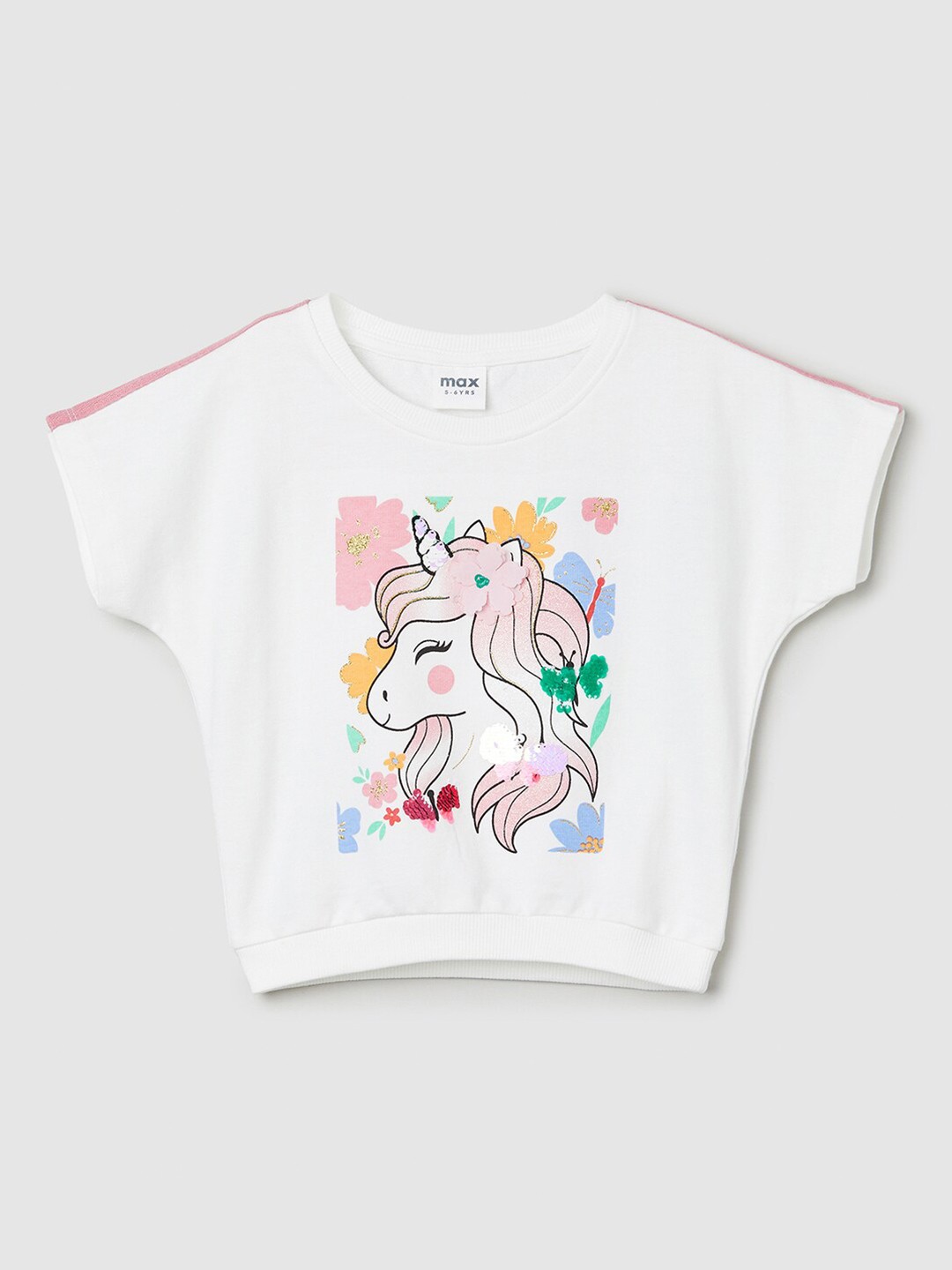 

max Girls Round Neck Extended Sleeves Cotton Graphic Printed Top, White