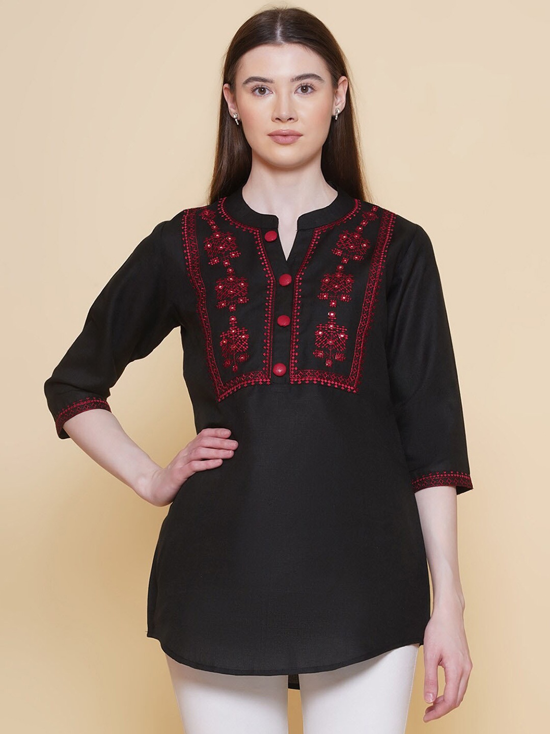 

Modish Couture Ethnic Motifs Embroidered Mandarin Collar Pure Cotton Tunic, Black