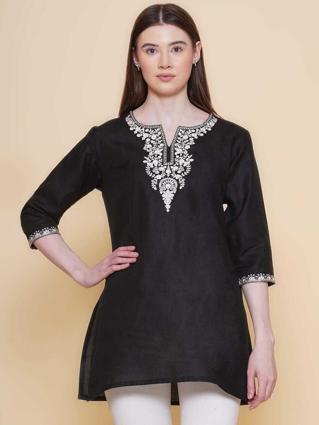 

Modish Couture Ethnic Motifs Embroidered Pure Cotton Tunic, Black