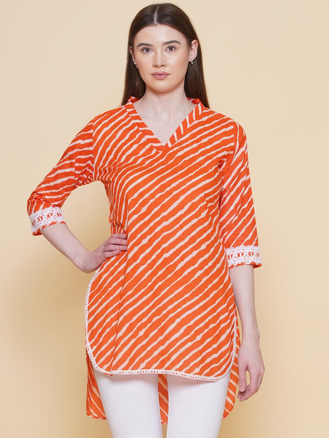 

Modish Couture Striped V-Neck Pure Cotton Tunic, Orange