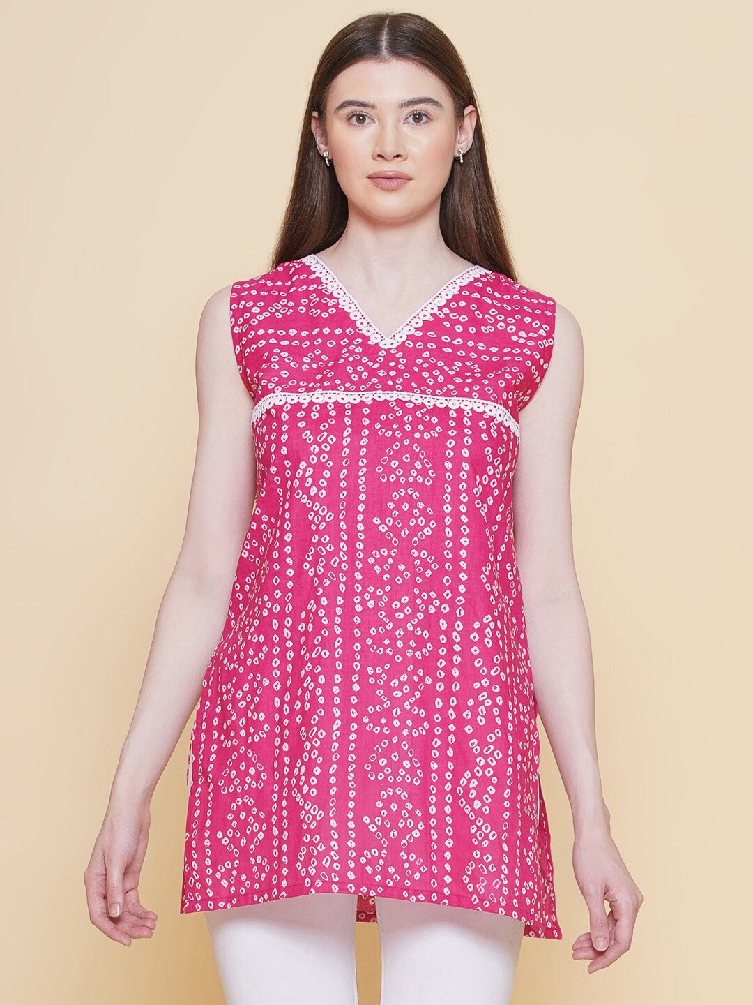 

Modish Couture Bandhani Printed Sleeveless Pure Cotton Tunic, Pink