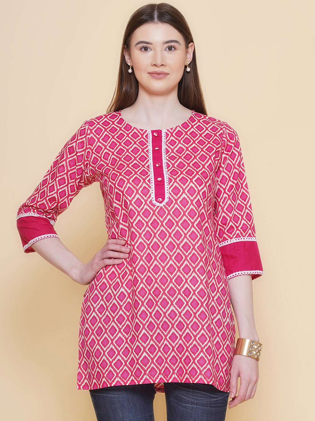 

Modish Couture Geometric Printed Pure Cotton Tunic, Pink