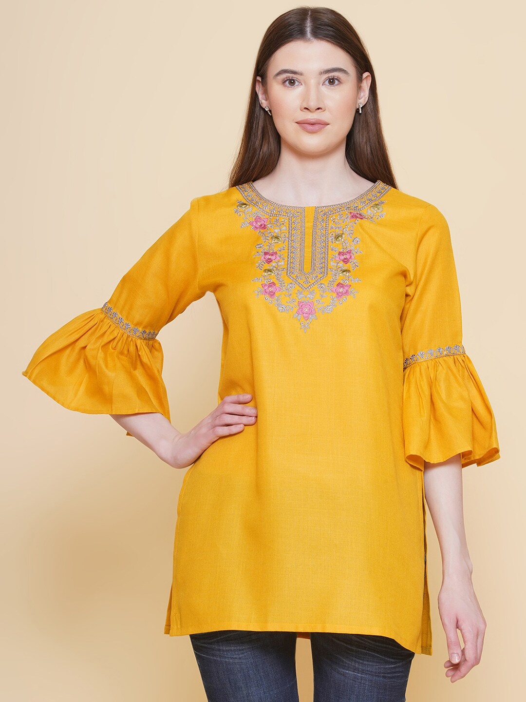 

Modish Couture Floral Embroidered Pure Cotton Tunic, Mustard