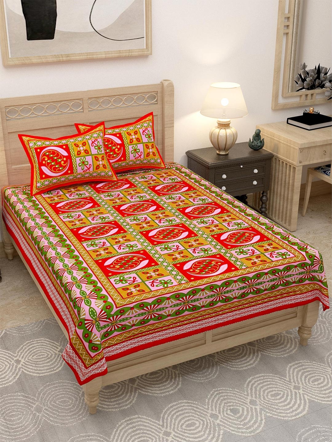 

Lali Prints Red & Yellow Geometric 144 TC Single Bedsheet with 2 Pillow Covers