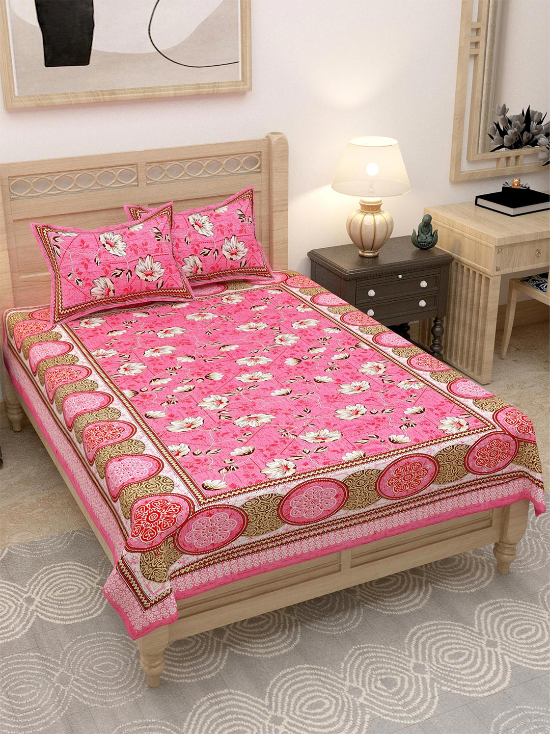 

Lali Prints Pink & Beige Floral 144 TC Single Bedsheet with 2 Pillow Covers