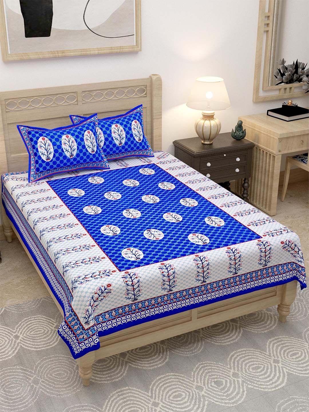 

Lali Prints Blue & White Floral Printed 144 TC Single Bedsheet with 2 Pillow Covers