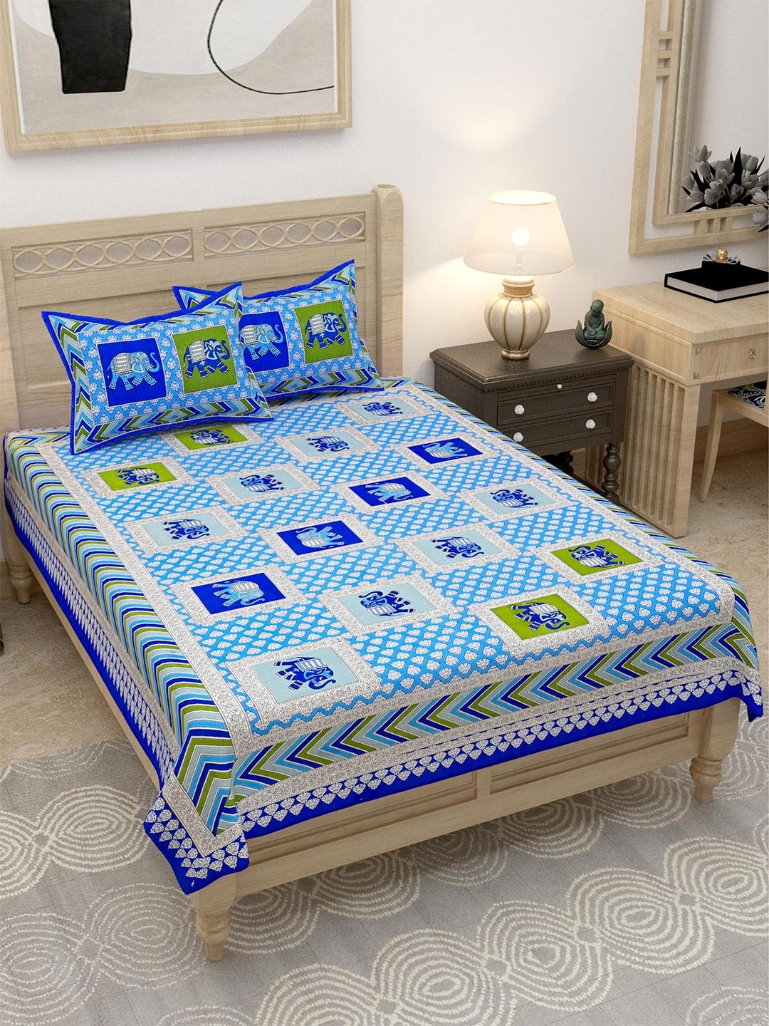 

Lali Prints Blue & Green Geometric 144 TC Single Bedsheet with 2 Pillow Covers