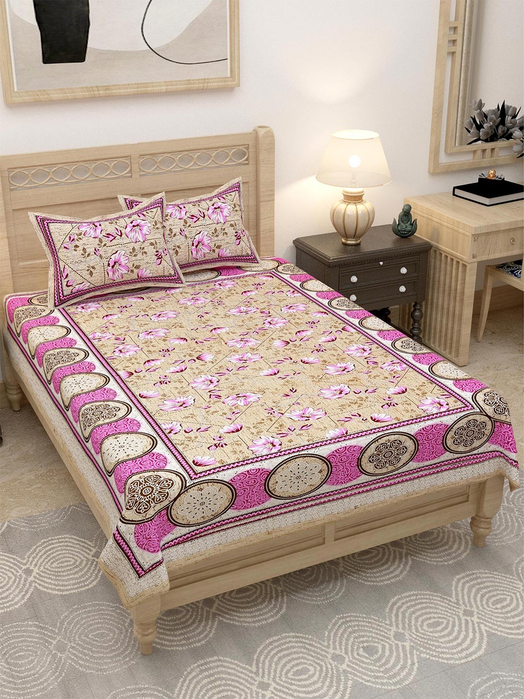 

Lali Prints Brown & Pink Floral 144 TC Single Bedsheet with 2 Pillow Covers