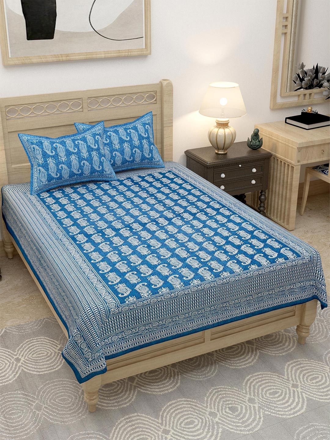 

Lali Prints Blue & White Ethnic Motifs 144 TC Single Bedsheet with 2 Pillow Covers