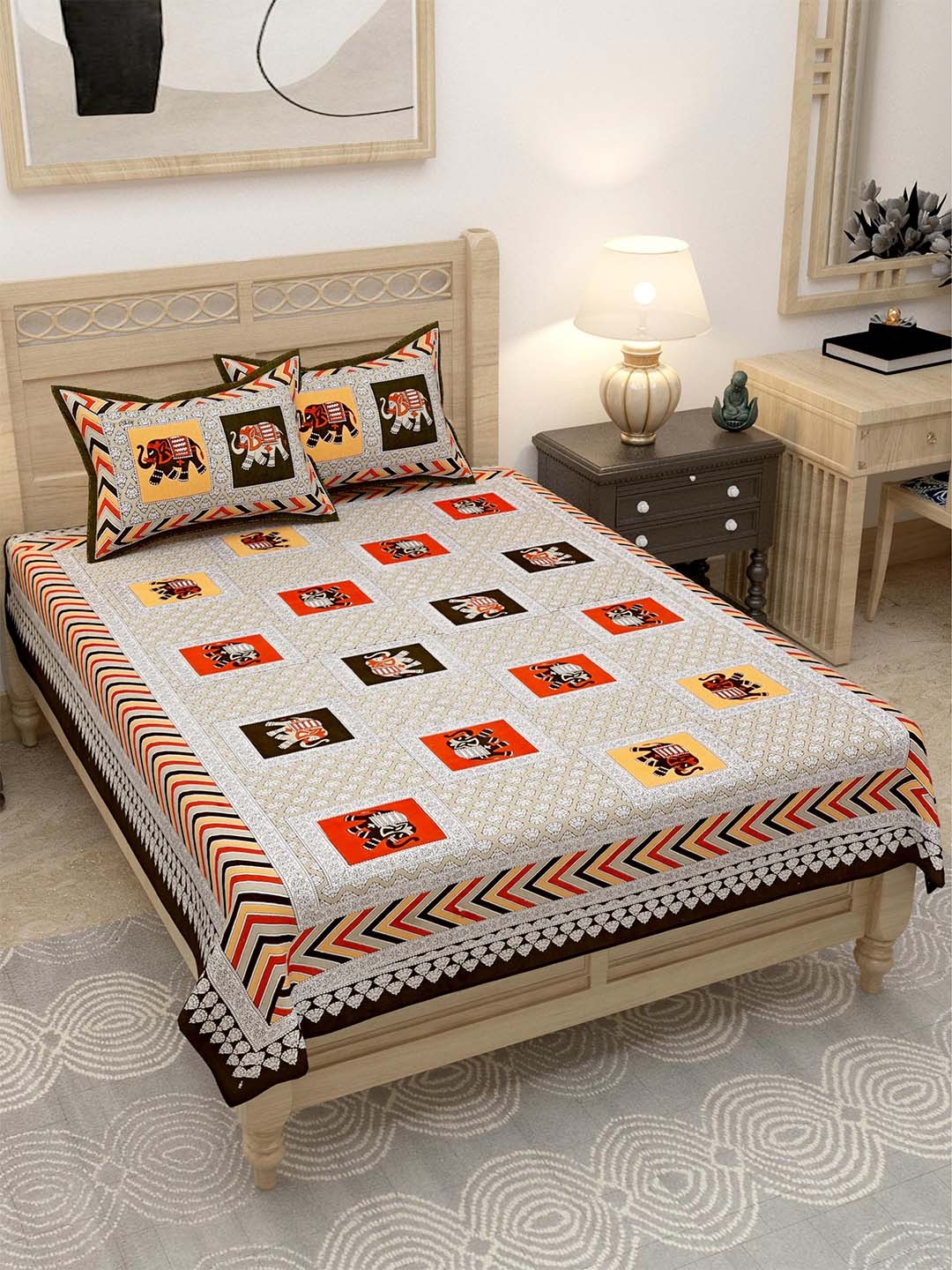 

Lali Prints Brown & Red Elephant Motifs 144 TC Single Bedsheet with 2 Pillow Covers