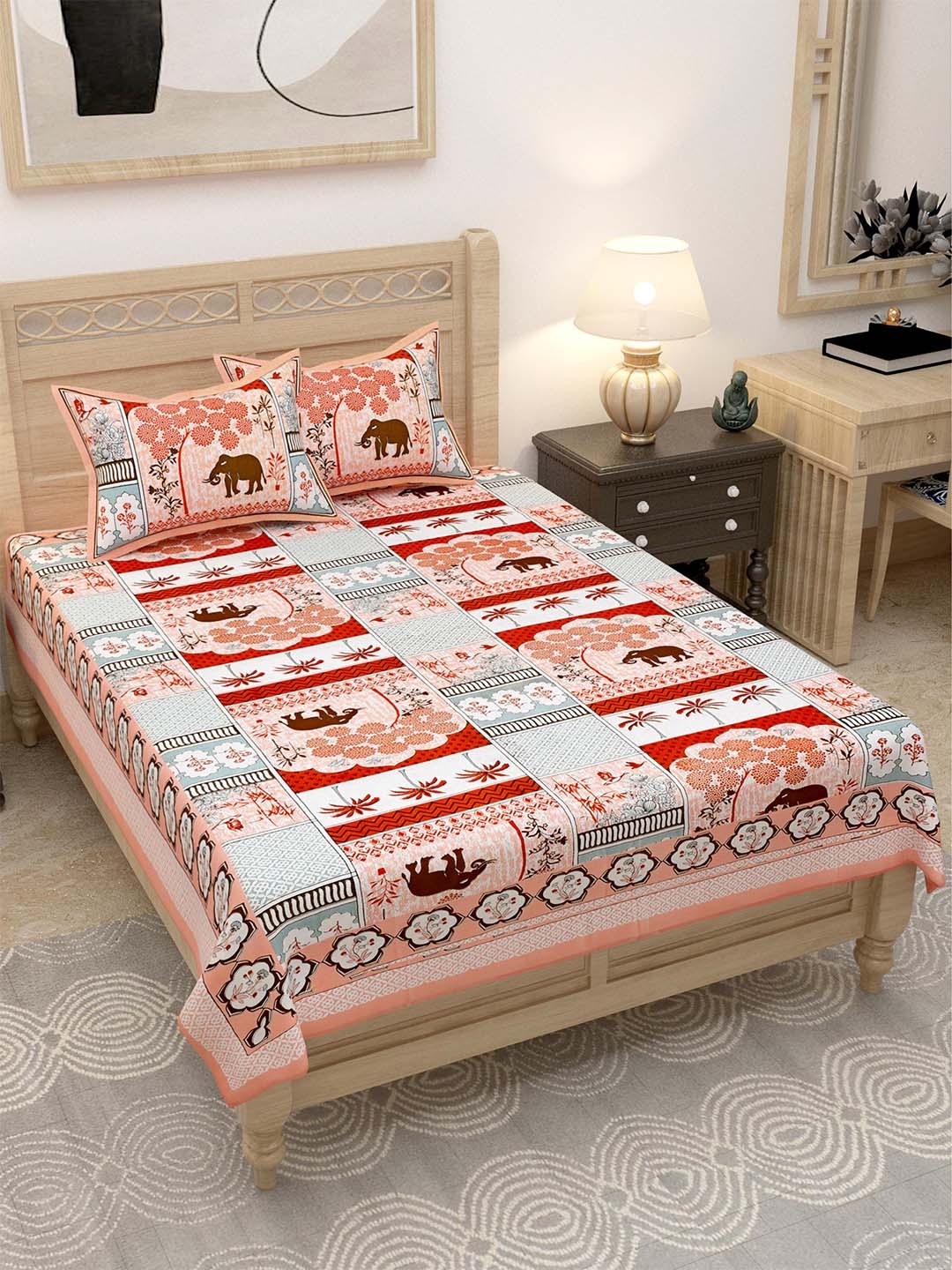 

Lali Prints Red & White Elephant Motifs 144 TC Single Bedsheet with 2 Pillow Covers