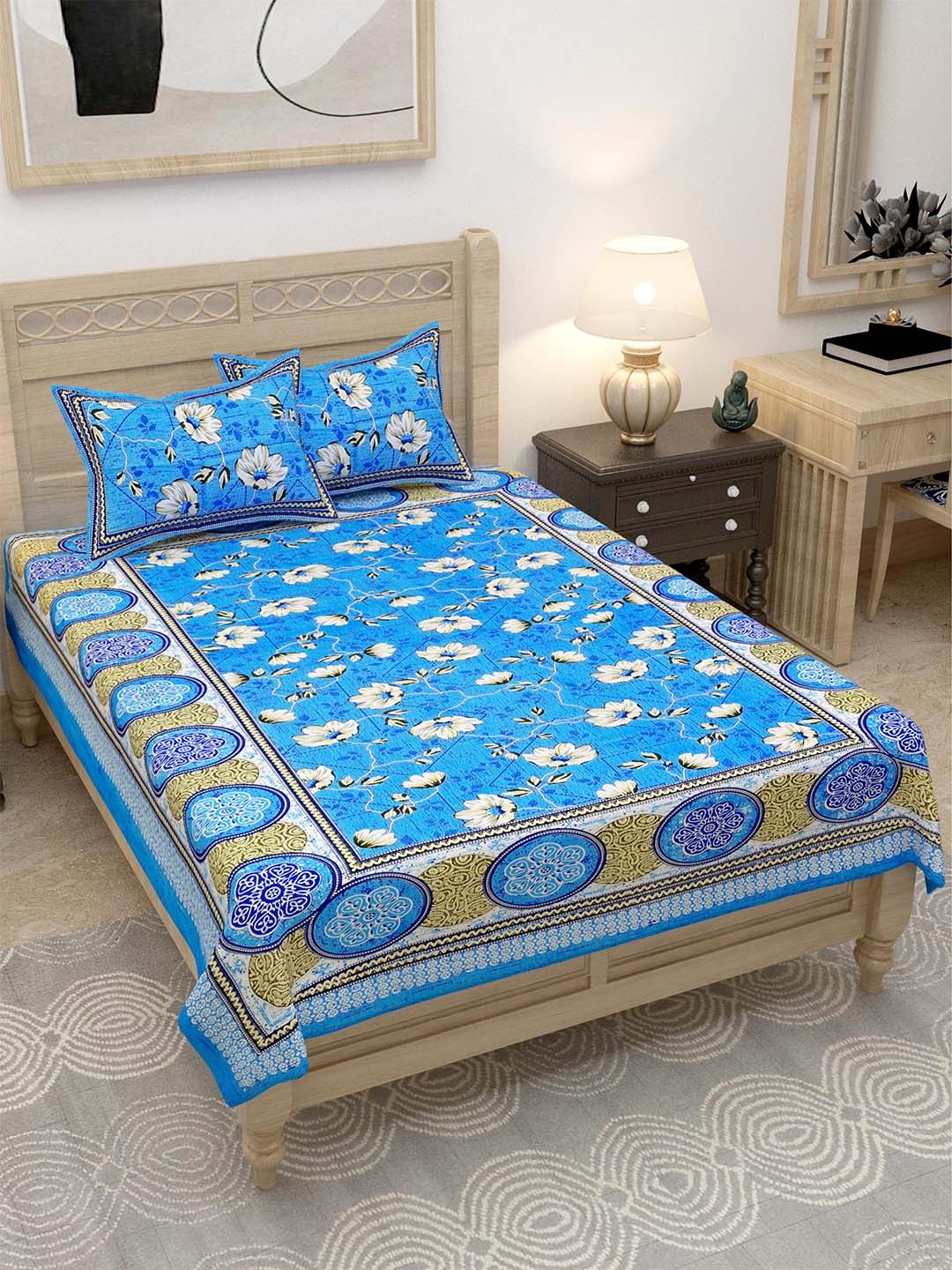 

Lali Prints Blue & White Floral Printed 144 TC Single Bedsheet with 2 Pillow Covers