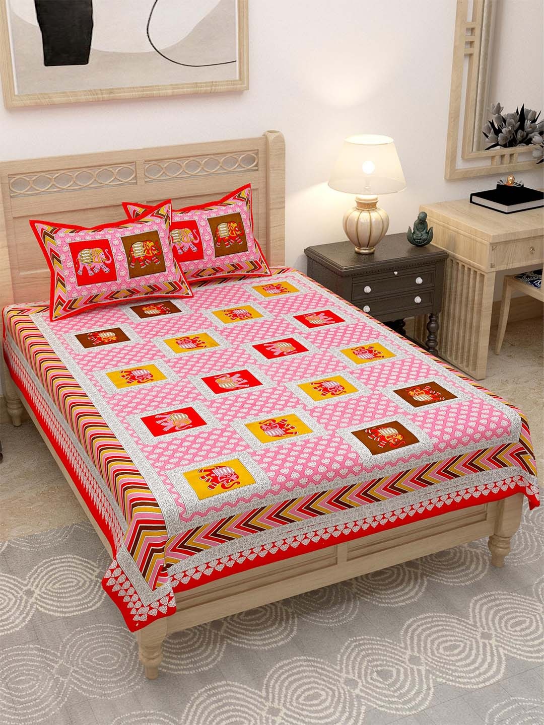 

Lali Prints Red & Pink Elephant Motifs 144 TC Single Bedsheet with 2 Pillow Covers
