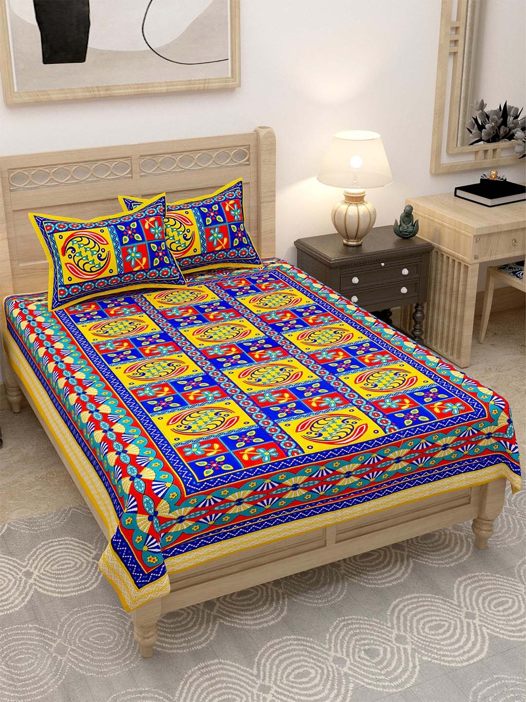 

Lali Prints Yellow & Blue Geometric 144 TC Single Bedsheet with 2 Pillow Covers