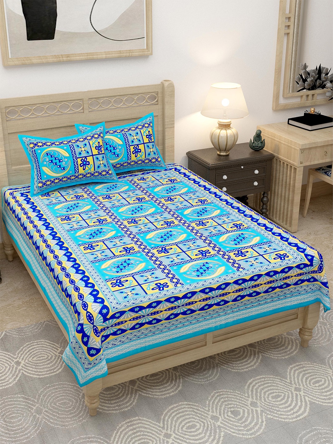 

Lali Prints Blue & Yellow Geometric 144 TC Single Bedsheet with 2 Pillow Covers